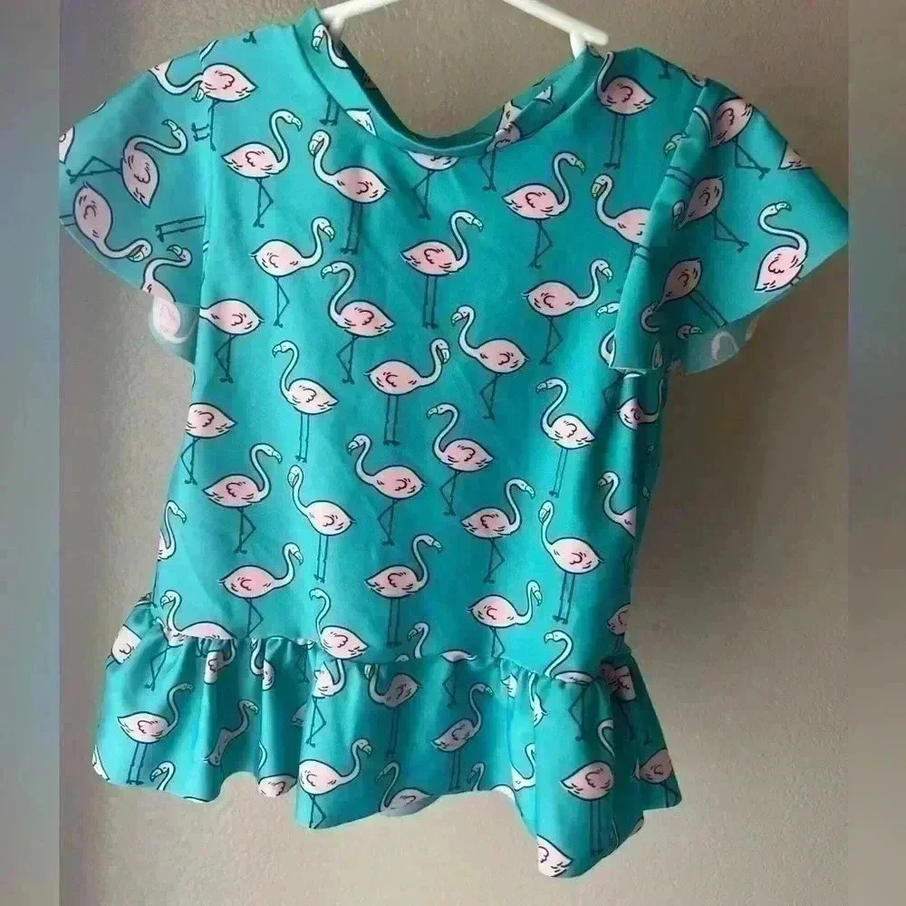 Cat & Jack Girls Blue Flamingo Rash Guard Top. 4t